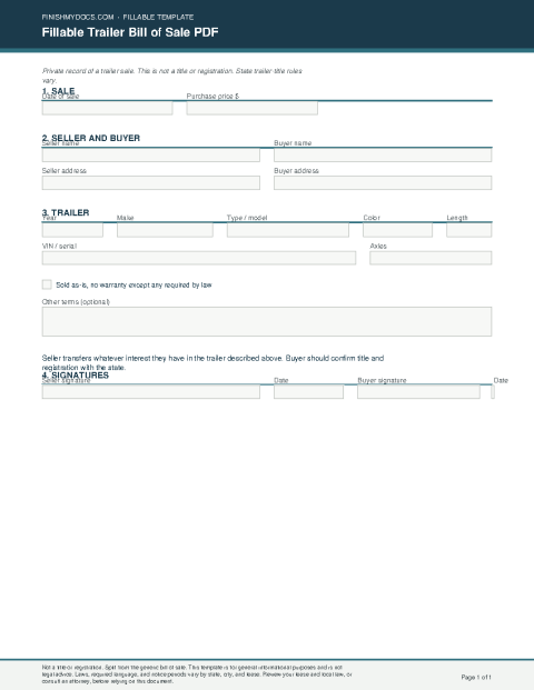 Fillable Trailer Bill of Sale PDF preview thumbnail