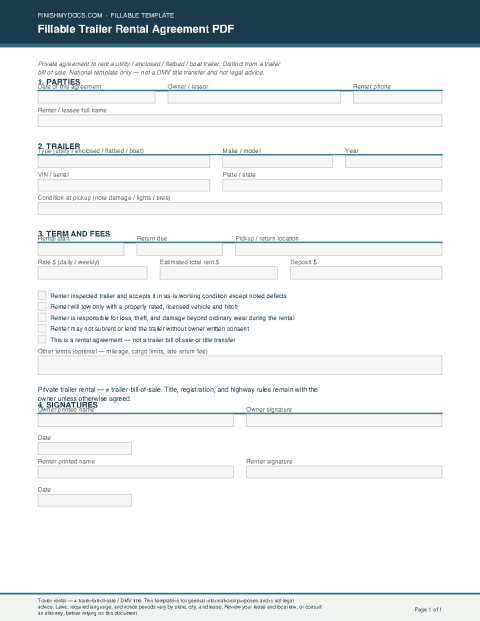 Fillable Trailer Rental Agreement PDF preview thumbnail