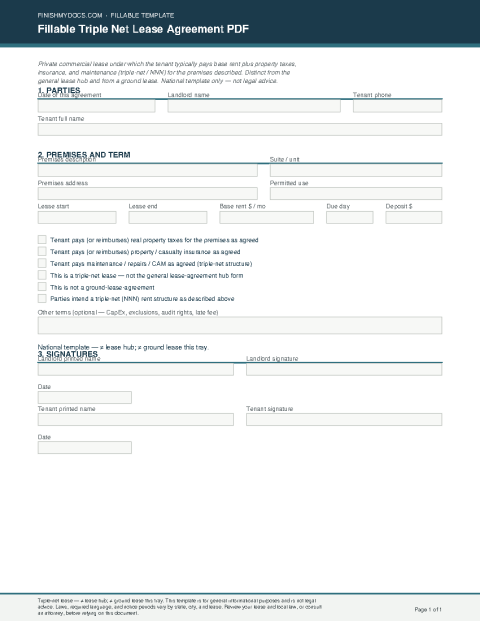 Fillable Triple Net Lease Agreement PDF preview thumbnail
