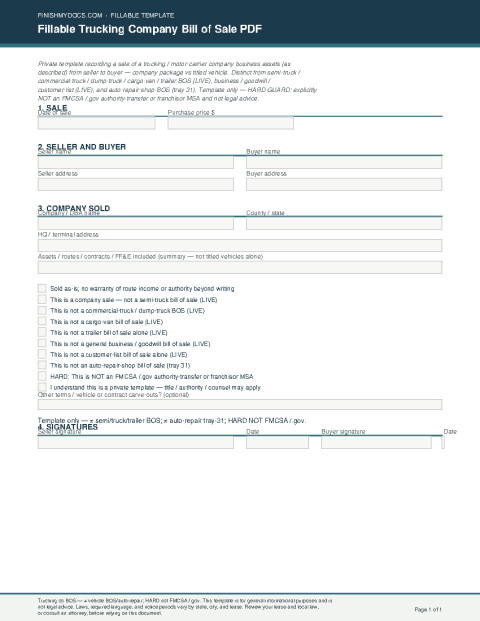 Fillable Trucking Company Bill of Sale PDF preview thumbnail