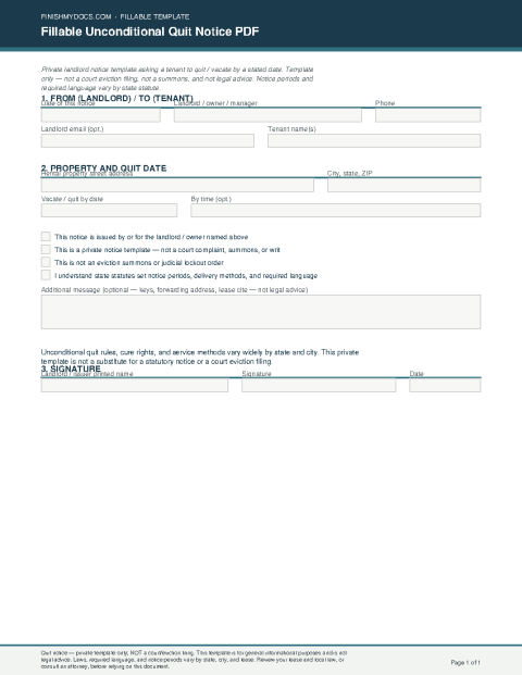 Fillable Unconditional Quit Notice PDF preview thumbnail