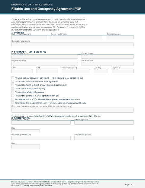 Fillable Use and Occupancy Agreement PDF preview thumbnail