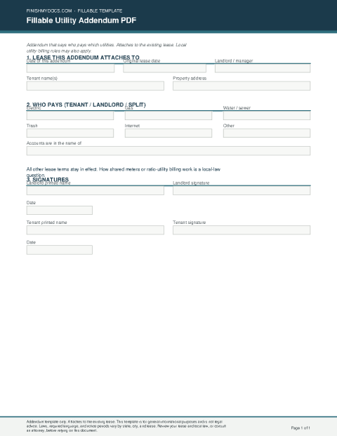 Fillable Utility Addendum PDF preview thumbnail