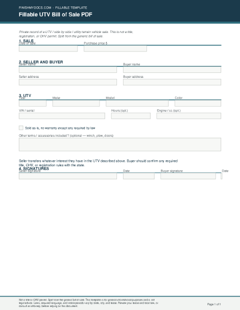 Fillable UTV Bill of Sale PDF preview thumbnail