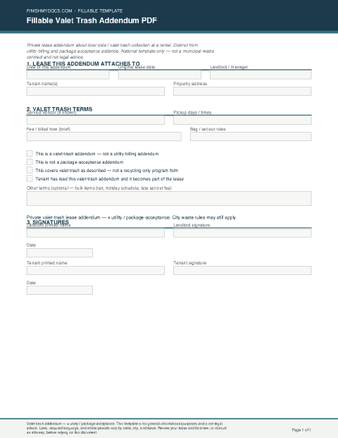 Fillable Valet Trash Addendum PDF preview thumbnail