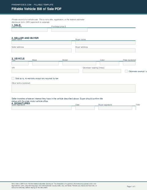 Fillable Vehicle Bill of Sale PDF preview thumbnail