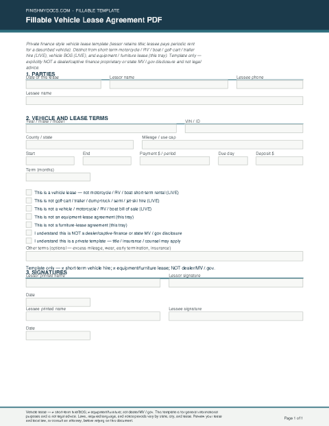 Fillable Vehicle Lease Agreement PDF preview thumbnail