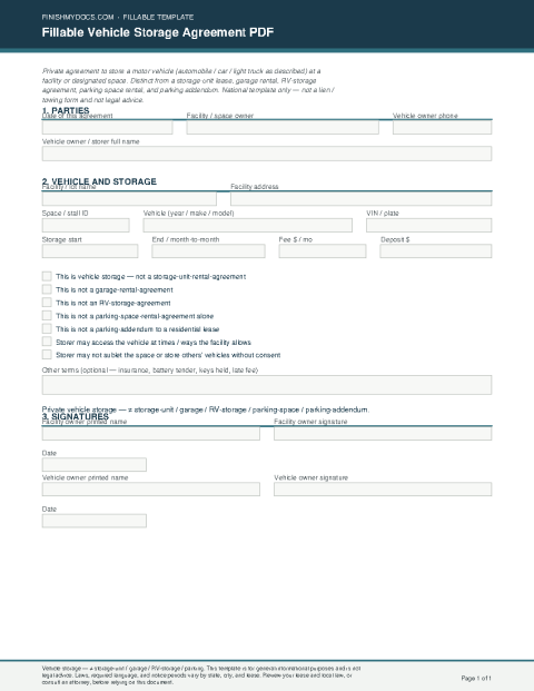 Fillable Vehicle Storage Agreement PDF preview thumbnail