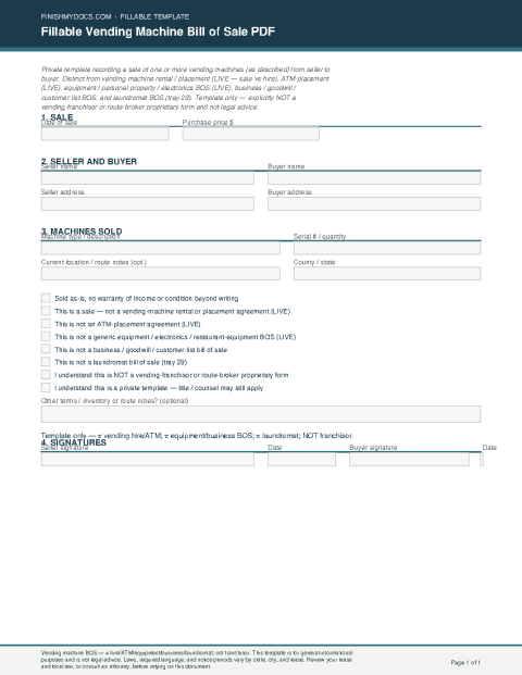 Fillable Vending Machine Bill of Sale PDF preview thumbnail