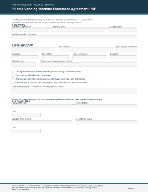 Fillable Vending Machine Placement Agreement PDF preview thumbnail
