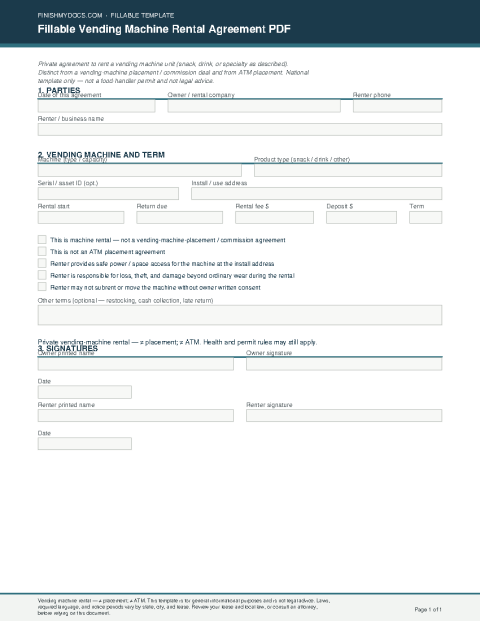 Fillable Vending Machine Rental Agreement PDF preview thumbnail