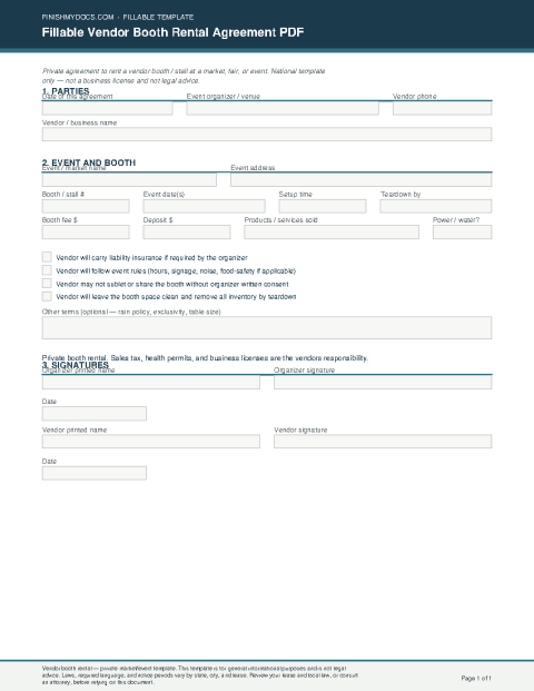 Fillable Vendor Booth Rental Agreement PDF preview thumbnail