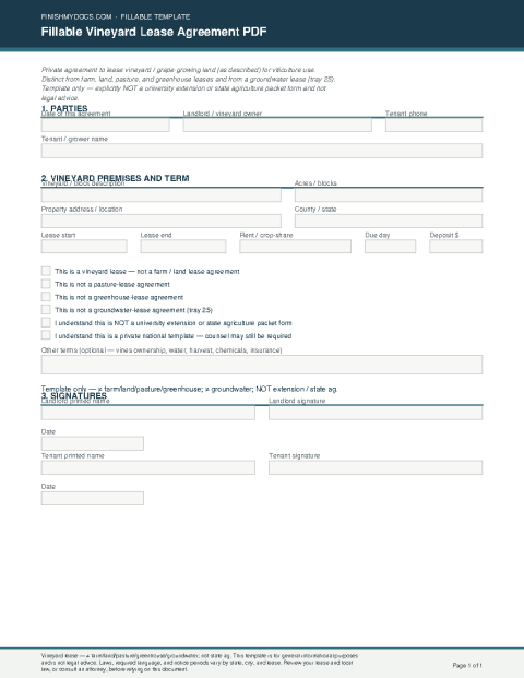 Fillable Vineyard Lease Agreement PDF preview thumbnail