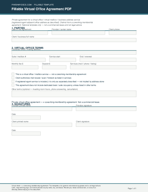 Fillable Virtual Office Agreement PDF preview thumbnail
