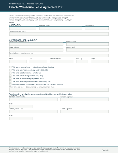 Fillable Warehouse Lease Agreement PDF preview thumbnail