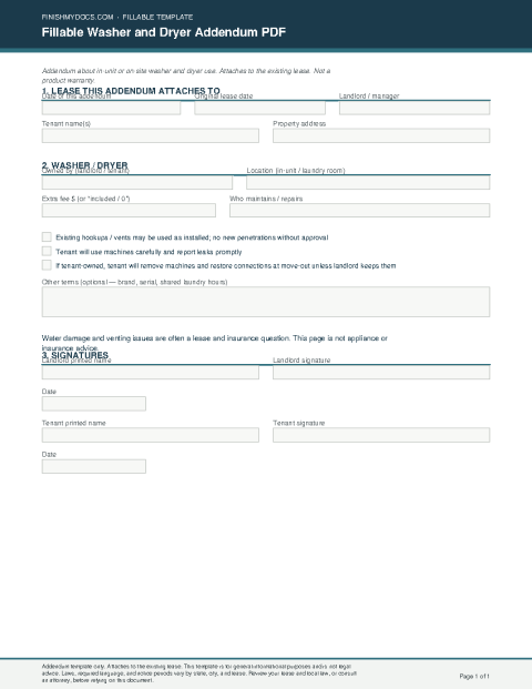 Fillable Washer and Dryer Addendum PDF preview thumbnail