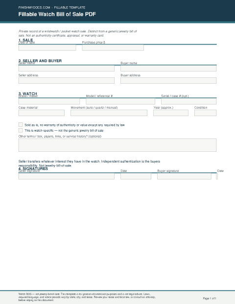 Fillable Watch Bill of Sale PDF preview thumbnail