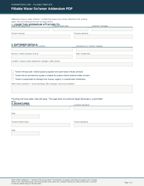 Fillable Water Softener Addendum PDF preview thumbnail