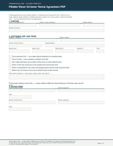 Fillable Water Softener Rental Agreement PDF preview thumbnail