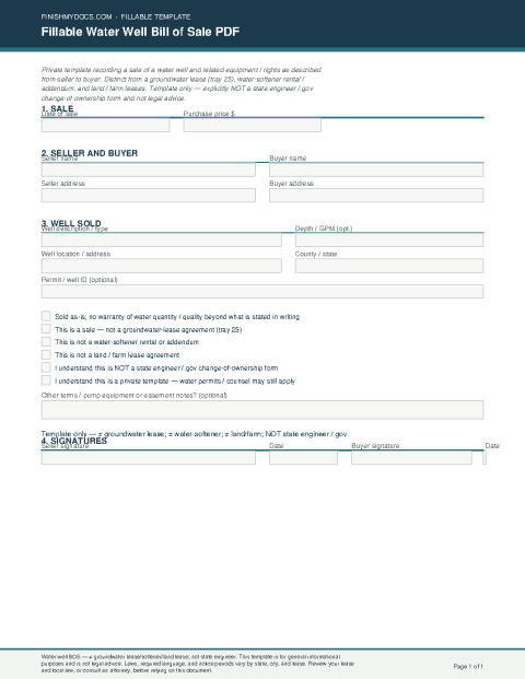 Fillable Water Well Bill of Sale PDF preview thumbnail