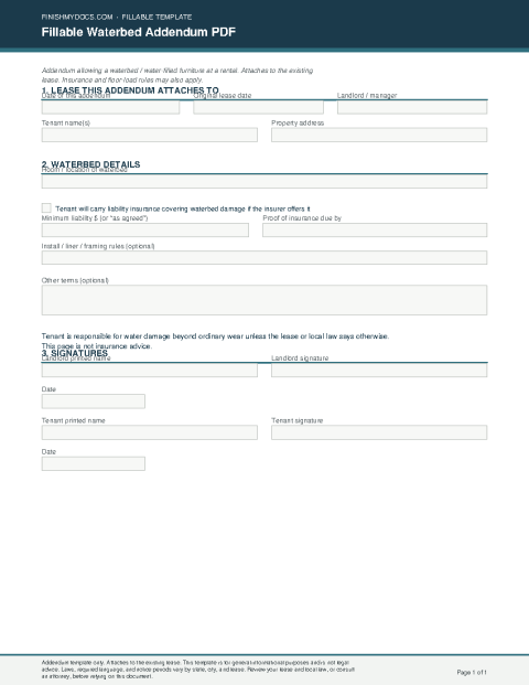 Fillable Waterbed Addendum PDF preview thumbnail