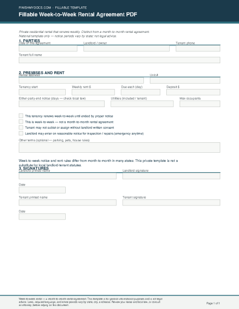 Fillable Week-to-Week Rental Agreement PDF preview thumbnail