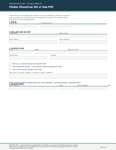Fillable Wheelchair Bill of Sale PDF preview thumbnail