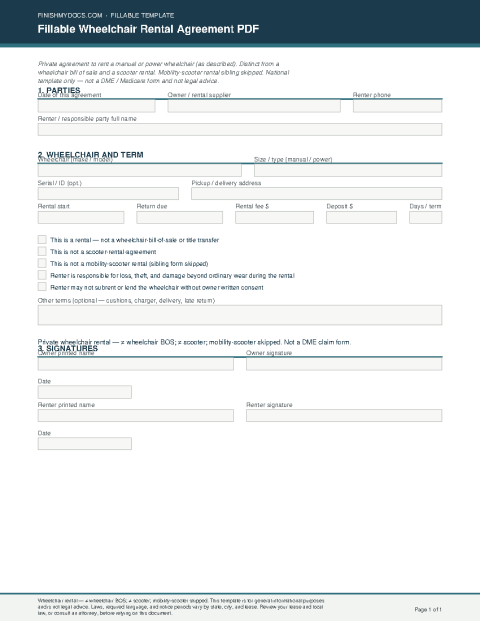 Fillable Wheelchair Rental Agreement PDF preview thumbnail