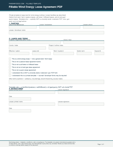 Fillable Wind Energy Lease Agreement PDF preview thumbnail