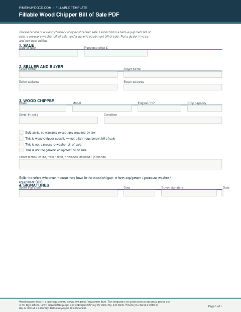 Fillable Wood Chipper Bill of Sale PDF preview thumbnail