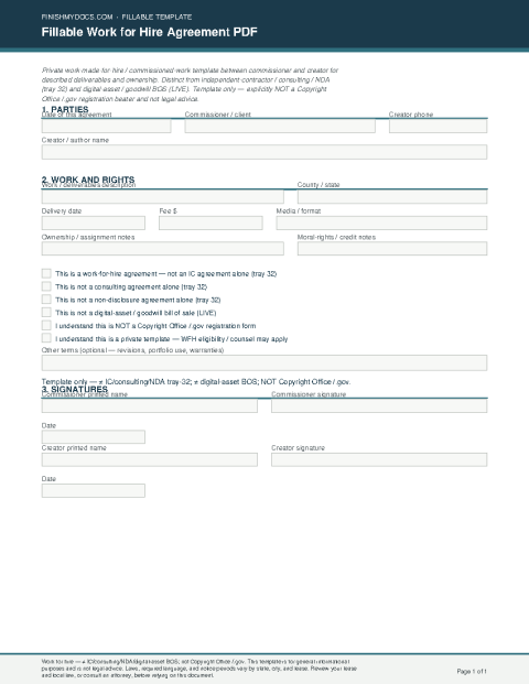 Fillable Work for Hire Agreement PDF preview thumbnail