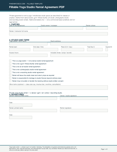 Fillable Yoga Studio Rental Agreement PDF preview thumbnail